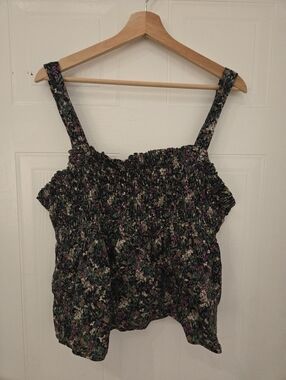 XXL Smocked Floral Linen Blend Tank Top in Dark Green